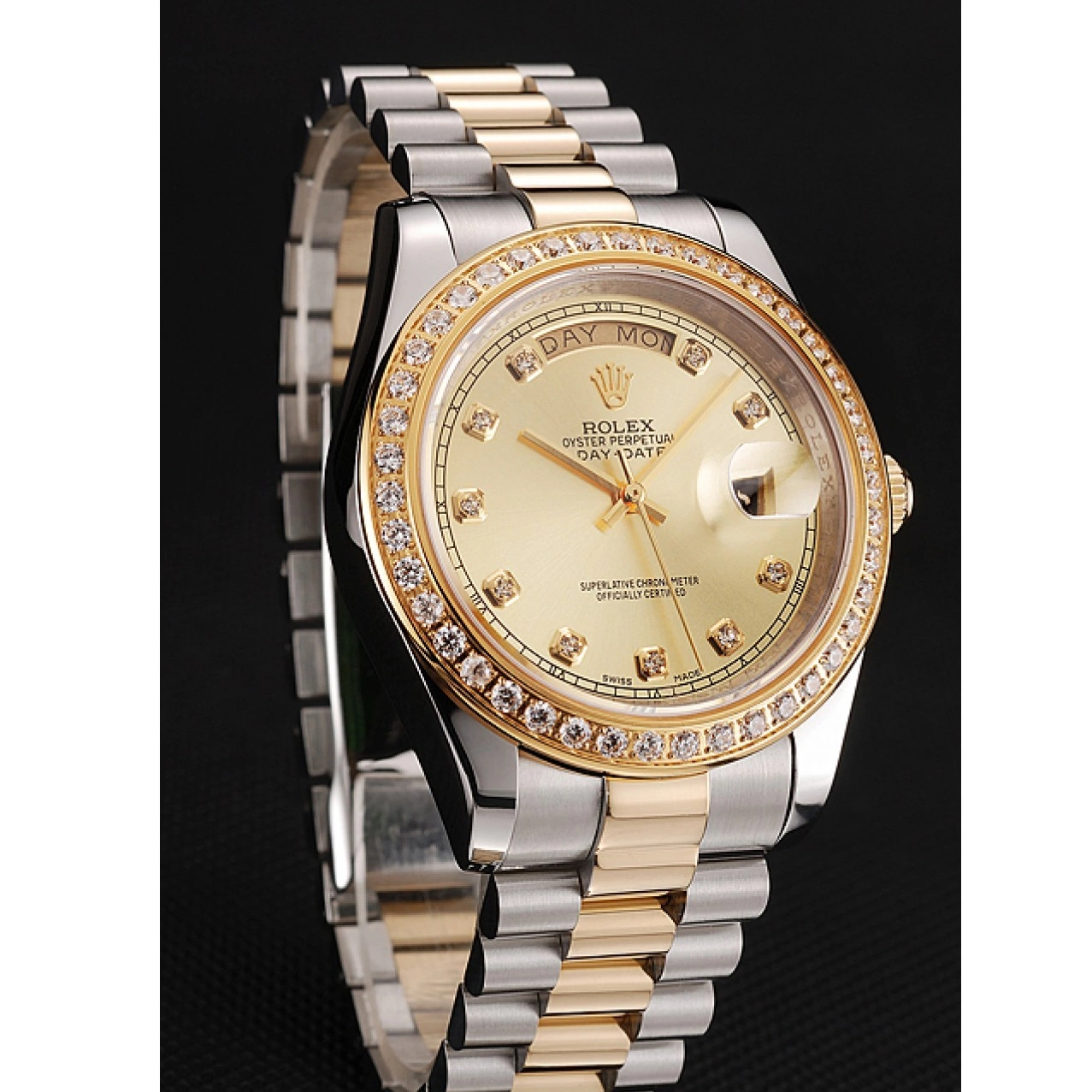 Aaa replica watch Case Stainless Day-Date 1453974 Bracelet Diamond Champagne Rolex Swiss Steel Dial Gold Two Tone 0727